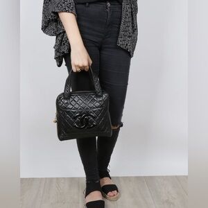 Authentic Chanel black lambskin leather mini CC tote